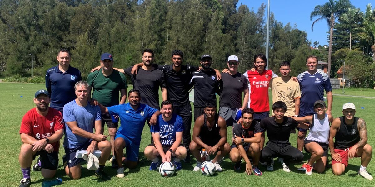 Manly Warringah FA Coach Development Manager Eugene Lawrenz poses with participants from the March 2023 C-Licence course.