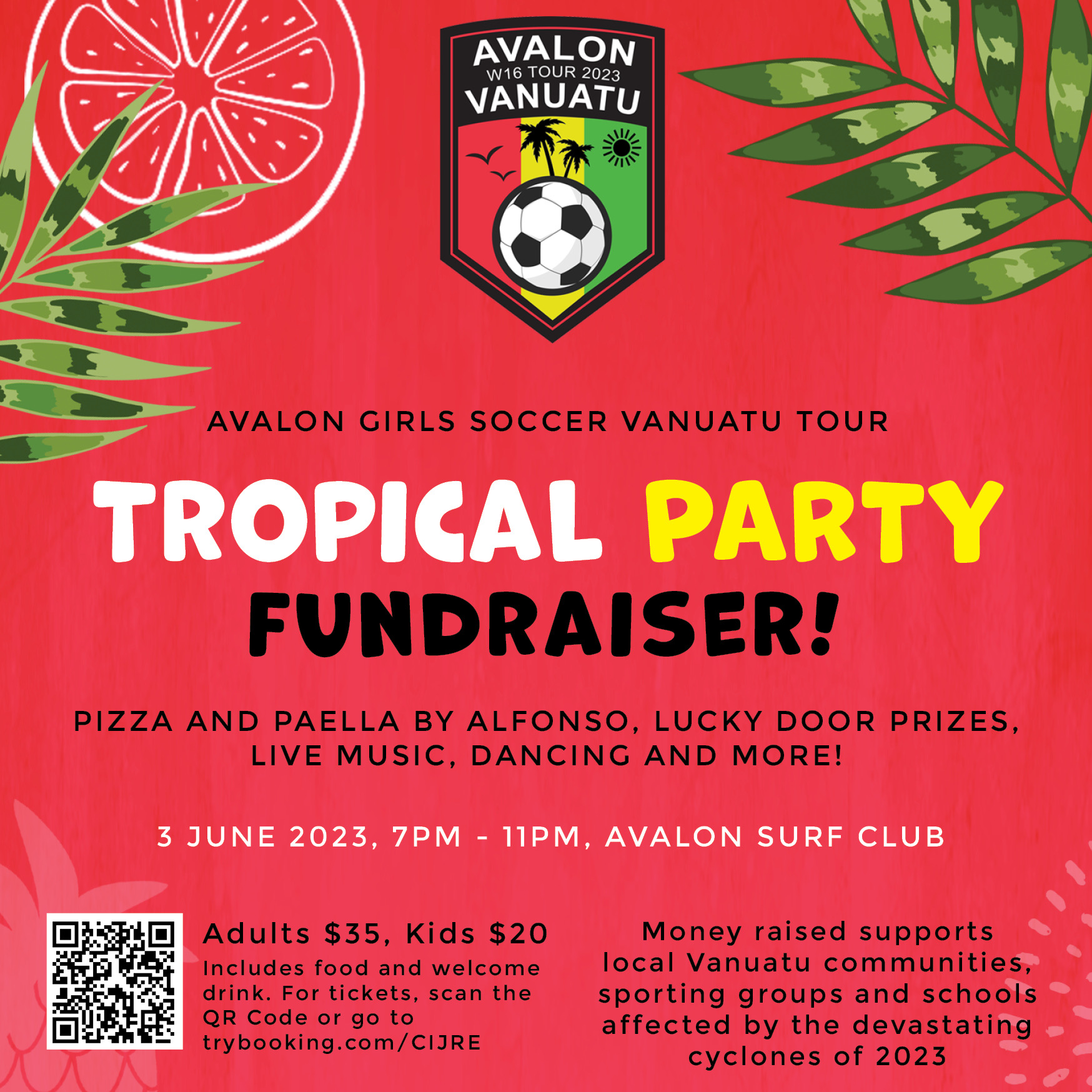 On Saturday June 3rd, there will be an Avalon fundraising night for their W16 team, who are touring Vanuatu to highlight local women's football, assist in the cyclone recovery effort and provide charitable donations. Graphic supplied by Avalon Soccer Club.