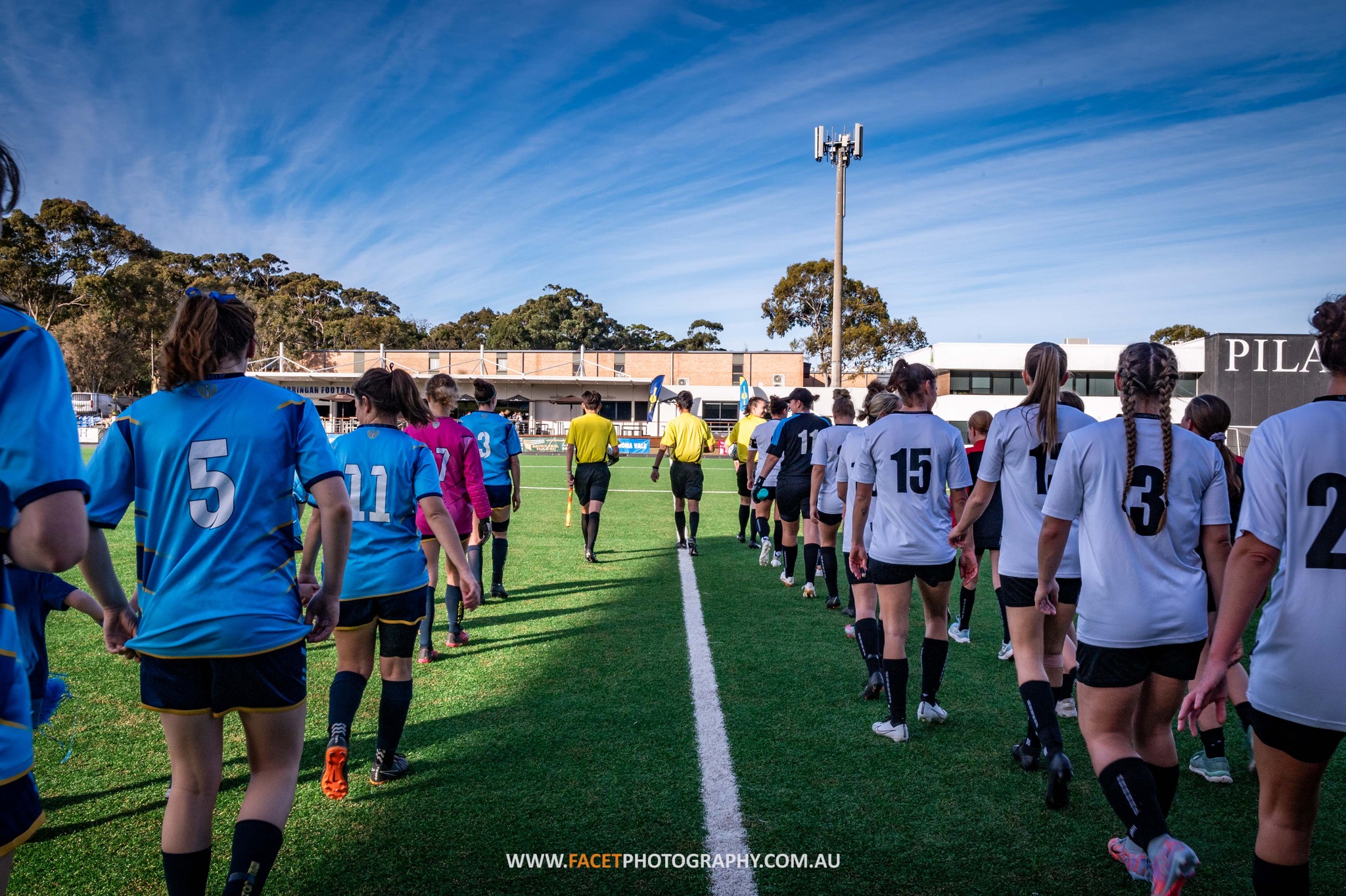 Beacon Hill and Seaforth walk out ahead of the 2023 Football NSW All Age Women's State Cup Final. Photo credit: Jeremy Denham