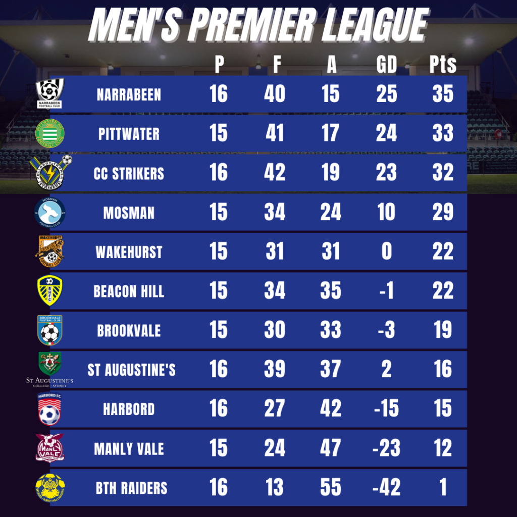 The 2023 MWFA Men's Premier League table after 17 rounds.