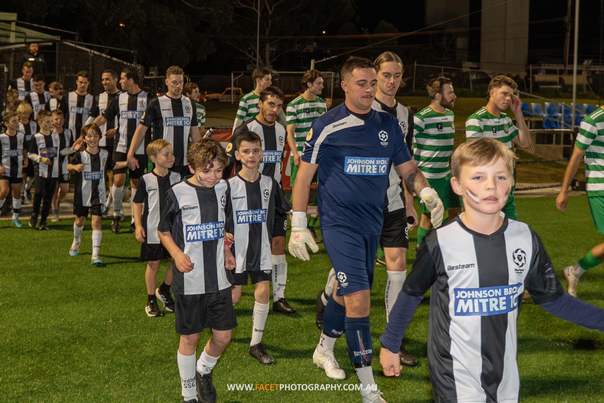 Pittwater RSL and Narrabeen walk out for the 2023 MWFA Men's Challenge Cup Final. Photo credit: Jeremy Denham