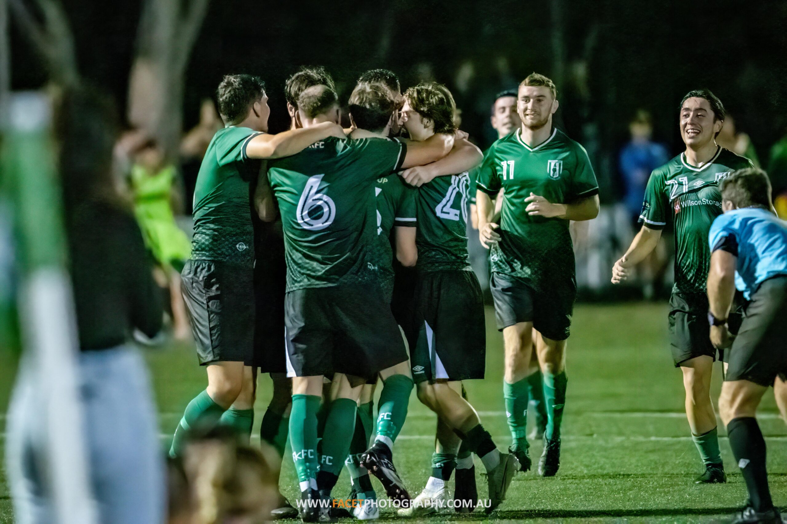 Forest Killarney celebrate a goal during their 2023 Australia Cup Round 2 game against Bankstown United at Melwood Oval. Photo credit: Jeremy Denham / Facet Photography